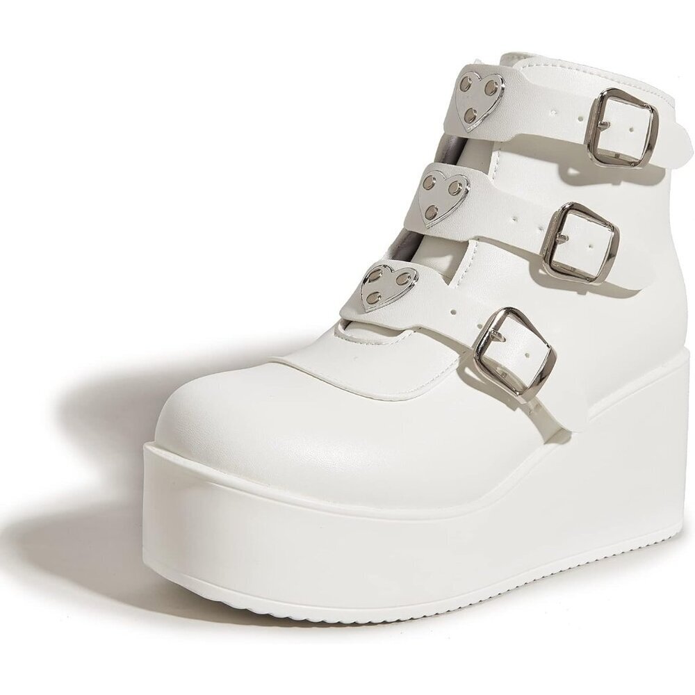 Lucky Step Women White Round Toe Zipper Wedges High Heel Rave Buckle Booties